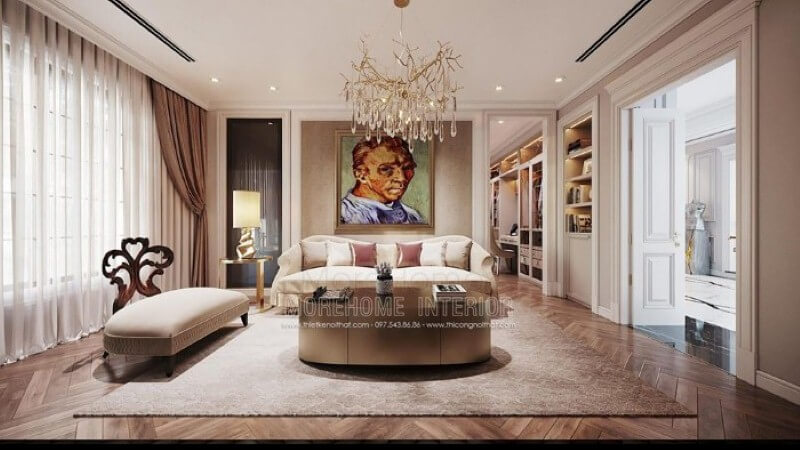 Tranh canvans treo tường chân dung họa sĩ Van Gogh nổi tiếng tạo điểm nhấn ấn tượng cho phòng giải trí trong phòng ngủ. Thiết kế nội thất phòng ngủ biệt thự