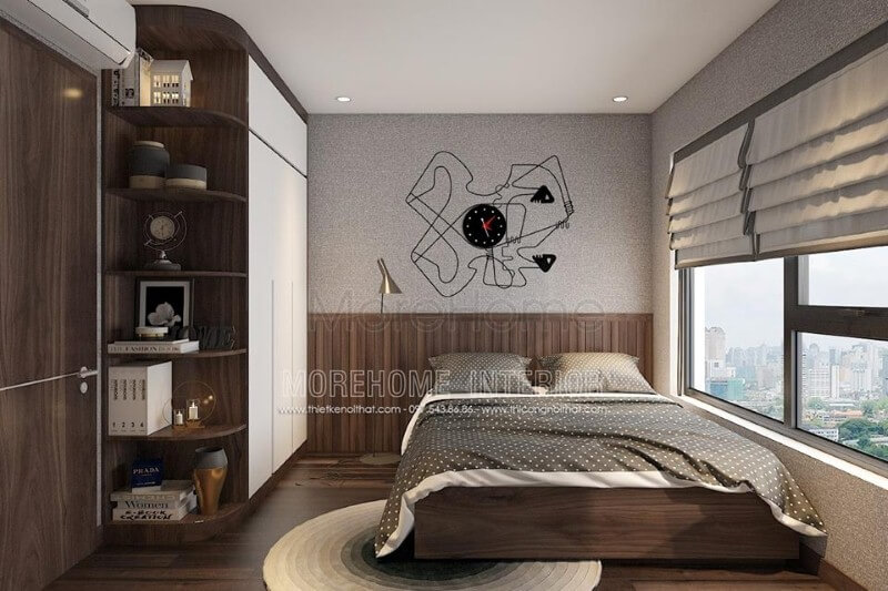 Gỗ ốp tường vân gỗ óc chó tạo điểm nhấn độc đáo cho phòng ngủ hiện đại. Thiết kế chung cư