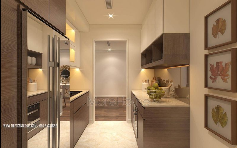 Nội thất phòng bếp chung cư nhỏ nhưng được thiết kế khoa học hợp lý mang đến sự thuận tiện cho người nội trợ