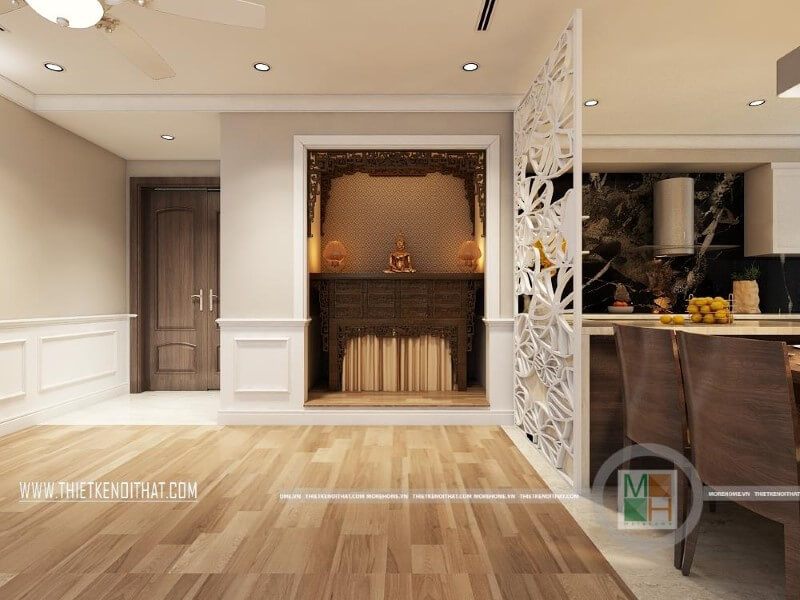 Mẫu thiết kế chung cư hiện đại với khu thờ cúng trang trọng được tách biệt với khu bếp ăn qua vách cnc phòng thờ cao cấp giúp tiết kiệm được không gian diện tích mà mang lại sự tinh tế cho căn nhà