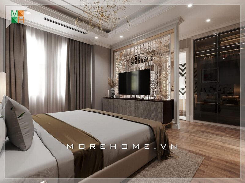 Vẻ đẹp sang trọng của mẫu phòng ngủ thể hiện ở việc lựa chọn những cái đèn sắc vàng, đèn chùm treo tường đầy sức lôi cuốn và tinh tế.