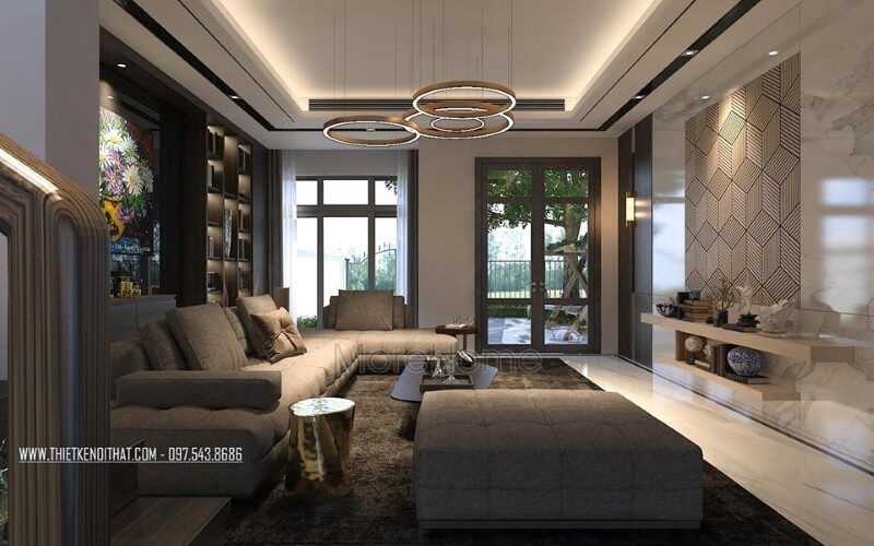 Ấn tượng vẻ đẹp thoải mái, ấm cúng của bộ sofa góc bọc vải tone xám trầm lắng giữa phòng khách chung cư, nhà phố