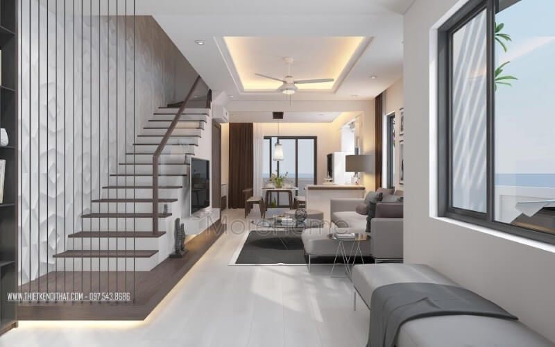 Thiết kế nội thất phòng khách liền phòng bếp ăn đẹp cùng cầu thang dây cáp tạo nét hiện đại, độc đáo cho biệt thự, nhà phố.