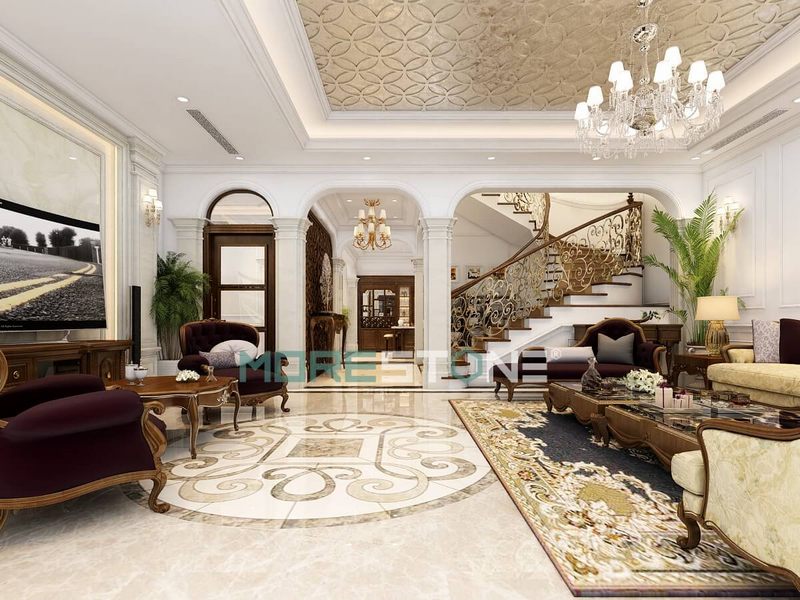 Phòng khách biệt thự theo phong cách tân cổ điển được trang trí bằng các hoa văn tròn để tạo nên điểm nhấn.