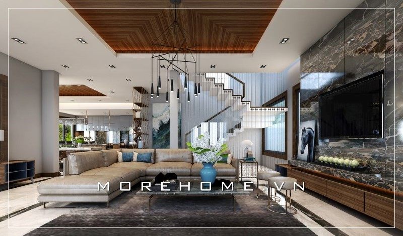 Phong cách hiện đại được áp dụng trong thiết kế phòng khách biệt thự luôn gây ấn tượng mạnh mẽ đối với các chủ nhà.
