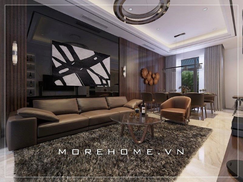 Ghế sofa bọc da cao cấp được trang bị sáng bóng sẽ góp phần làm nổi bật đẳng cấp thẩm mỹ của không gian sống trong căn phòng.