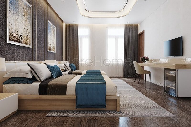 . Mẫu thiết kế nội thất phòng ngủ khách sạn hiện đại và độc đáo bao gồm hai giường ngủ gỗ công nghiệp cao cấp kết hợp với các đồ nội thất phòng ngủ sang trọng và lịch lãm.